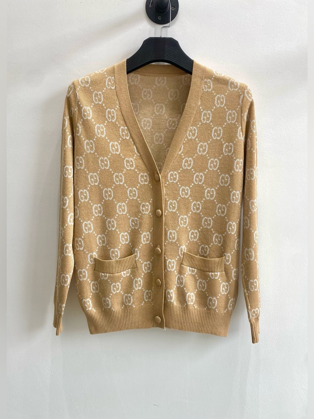Gucci GG Monogram Knit Cardigan Camel White Wool Blend Sweater